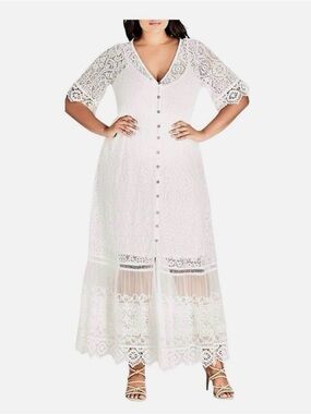 City Chic Lace Button-Front Maxi Dress in White/Ivory